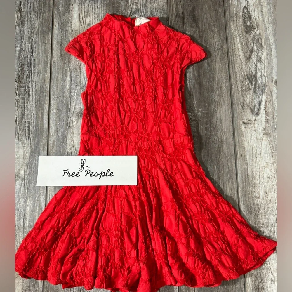 Free People Vintage Flared Burnt Red Mini Dress Floral Design - S - Picture 4 of 13